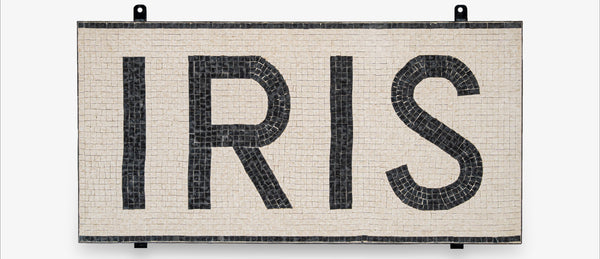 Decorative wall art with the word 'IRIS' on a white background