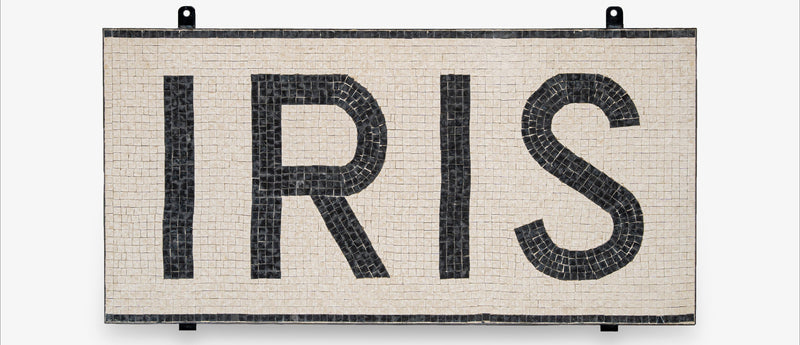 Decorative wall art with the word 'IRIS' on a white background
