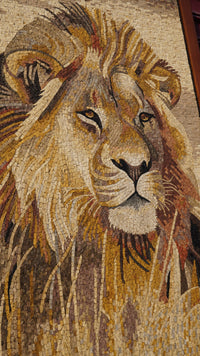 Intricate mosaic lion portrait featuring warm earth tones with detailed textures capturing the majestic essence of wildlife