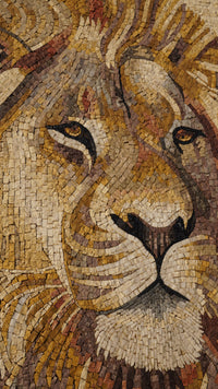Intricate mosaic lion portrait featuring warm earth tones and detailed textures that capture the majestic essence of wildlife
