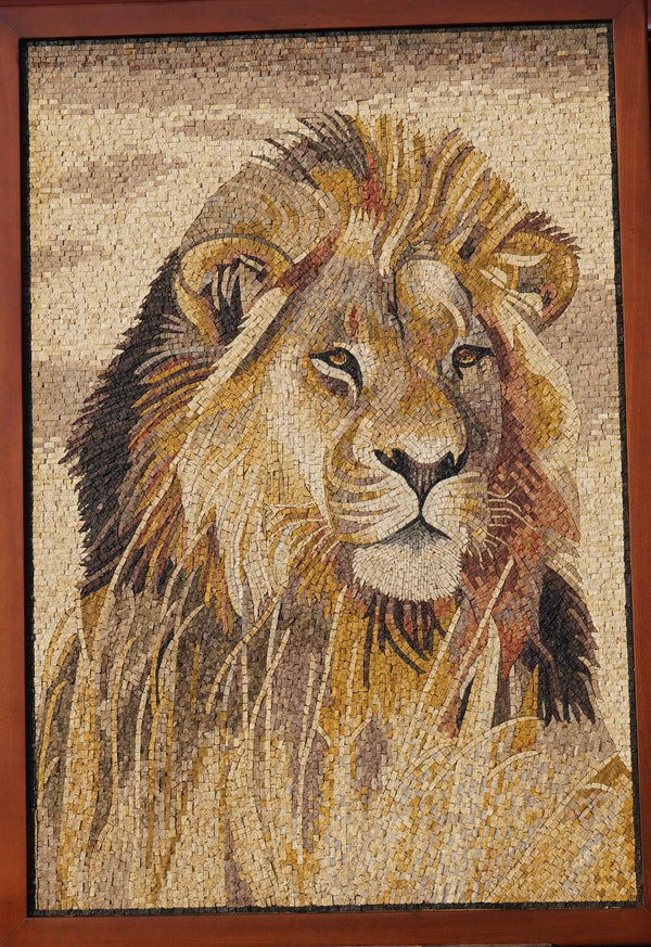 Intricate lion mosaic art piece featuring earthy tones and textured details, framed in rich wooden borders.