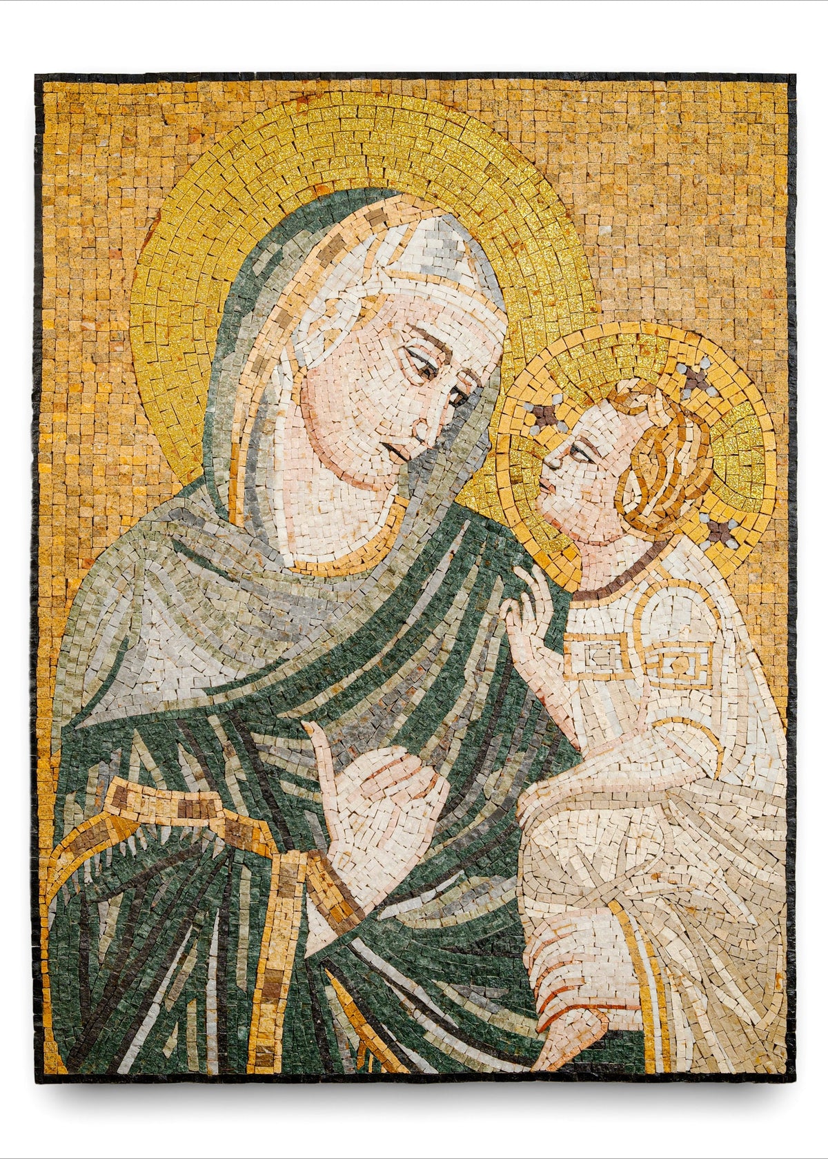 Intricate mosaic artwork depicting a serene Madonna with child, featuring warm earth tones and detailed textures.