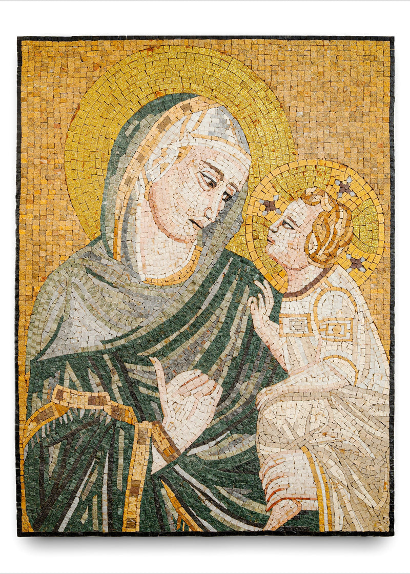 Intricate mosaic artwork depicting a serene Madonna with child, featuring warm earth tones and detailed textures.