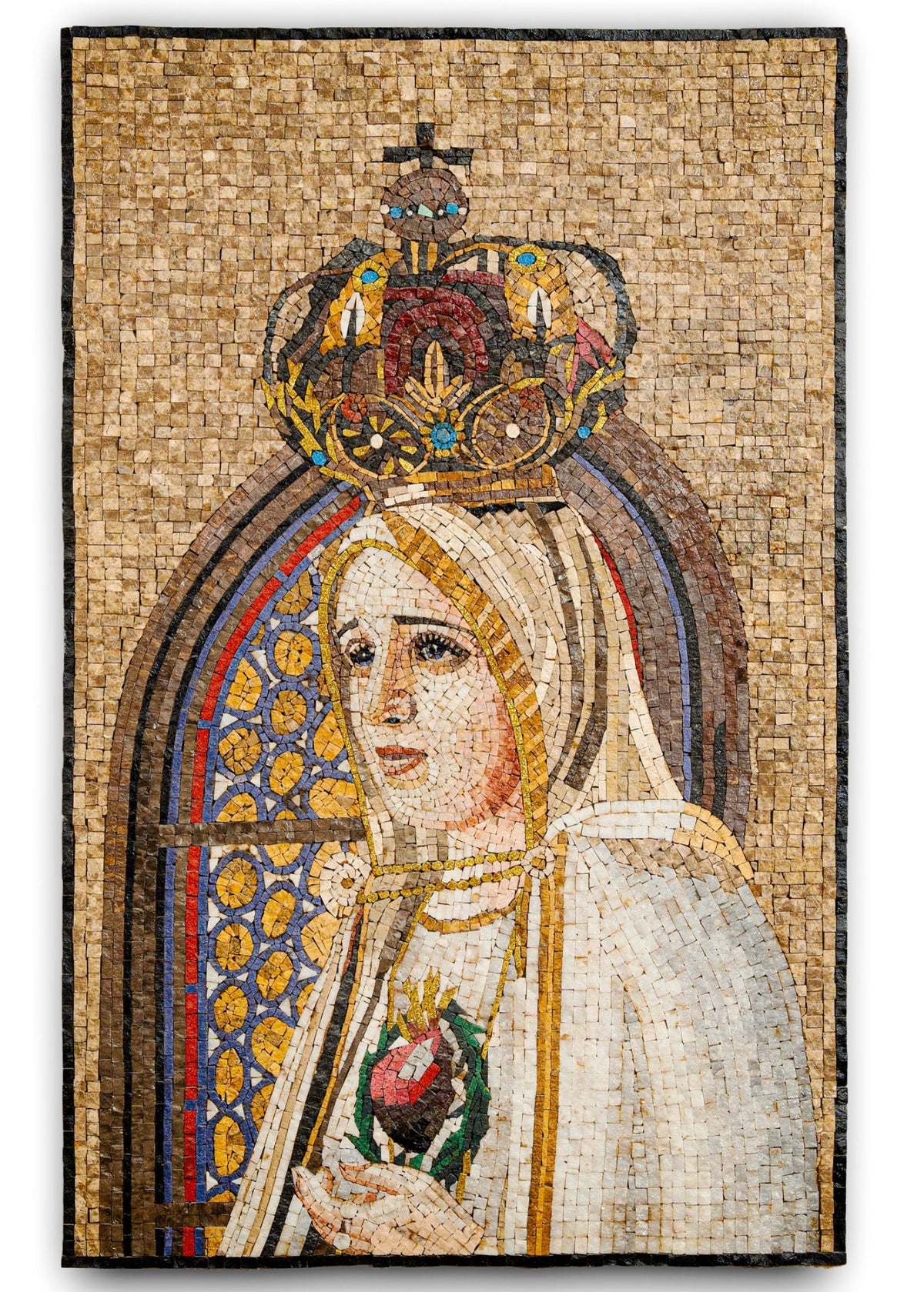 Intricate mosaic artwork depicting a serene figure adorned with a crown — crafted from colorful stone tiles with detailed textures.