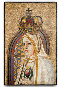 Intricate mosaic artwork depicting a serene figure adorned with a crown — crafted from colorful stone tiles with detailed textures.