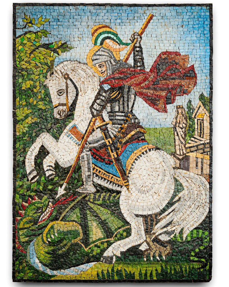 Vibrant mosaic artwork depicting a knight on a white horse, triumphantly slaying a dragon with intricate tile details.