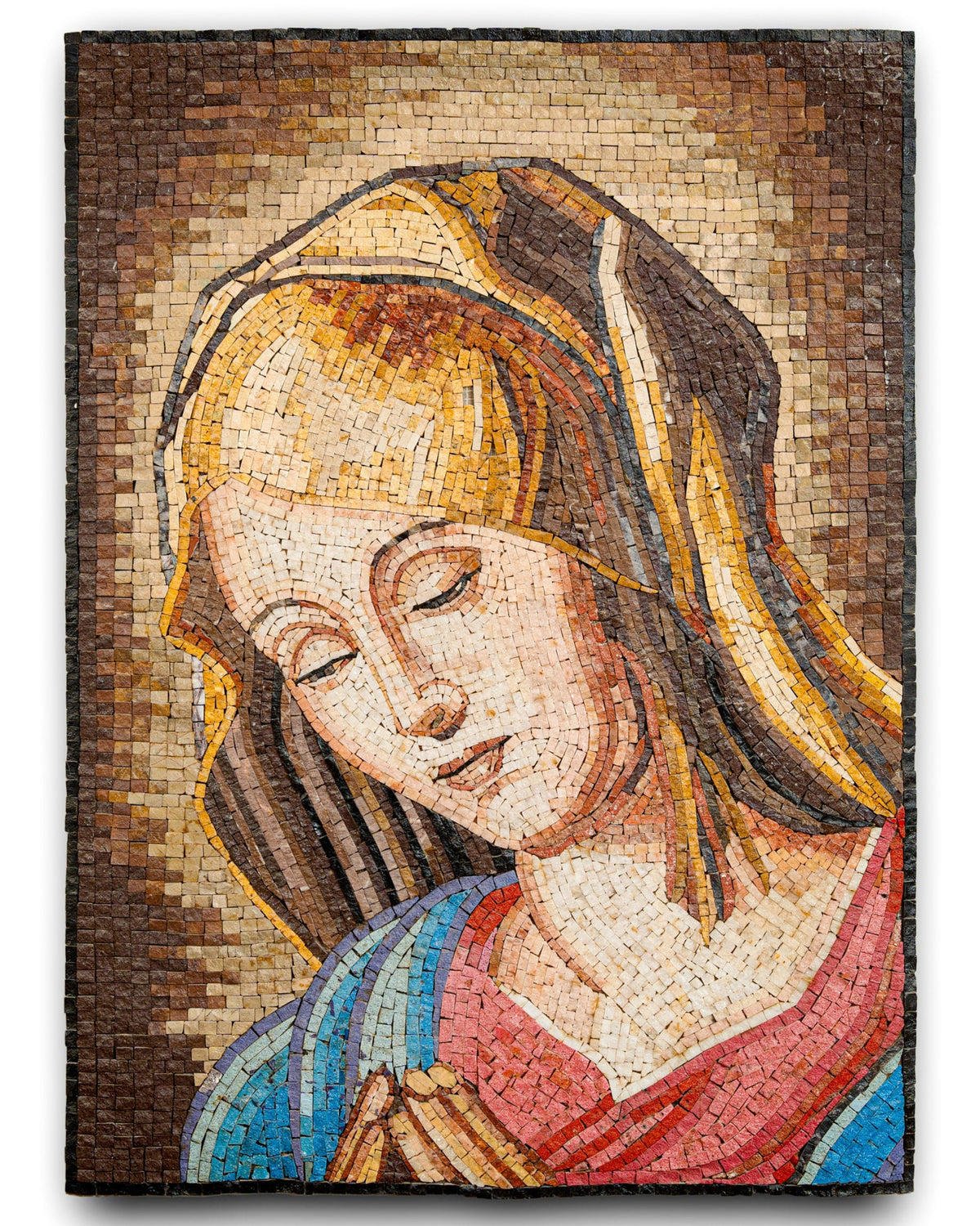 Intricate mosaic artwork depicting a serene figure with flowing hair and a blue and red robe — crafted from varied stone tiles.