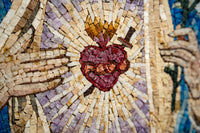 Intricate mosaic artwork featuring a vibrant heart design surrounded by radiant golden rays and soft pastel tones