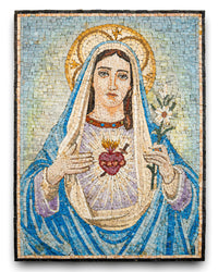 Intricate mosaic artwork depicting a serene figure with a heart motif, surrounded by soft blue and warm earthy tones.