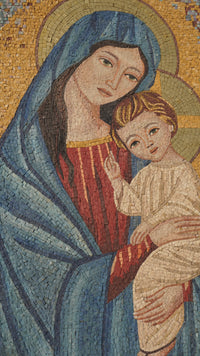 Vibrant mosaic artwork depicting a serene mother and child, with intricate blue and red tile details creating depth.