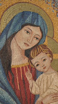 Intricate mosaic artwork depicting a serene mother and child — vibrant colors and textured tiles create a captivating scene
