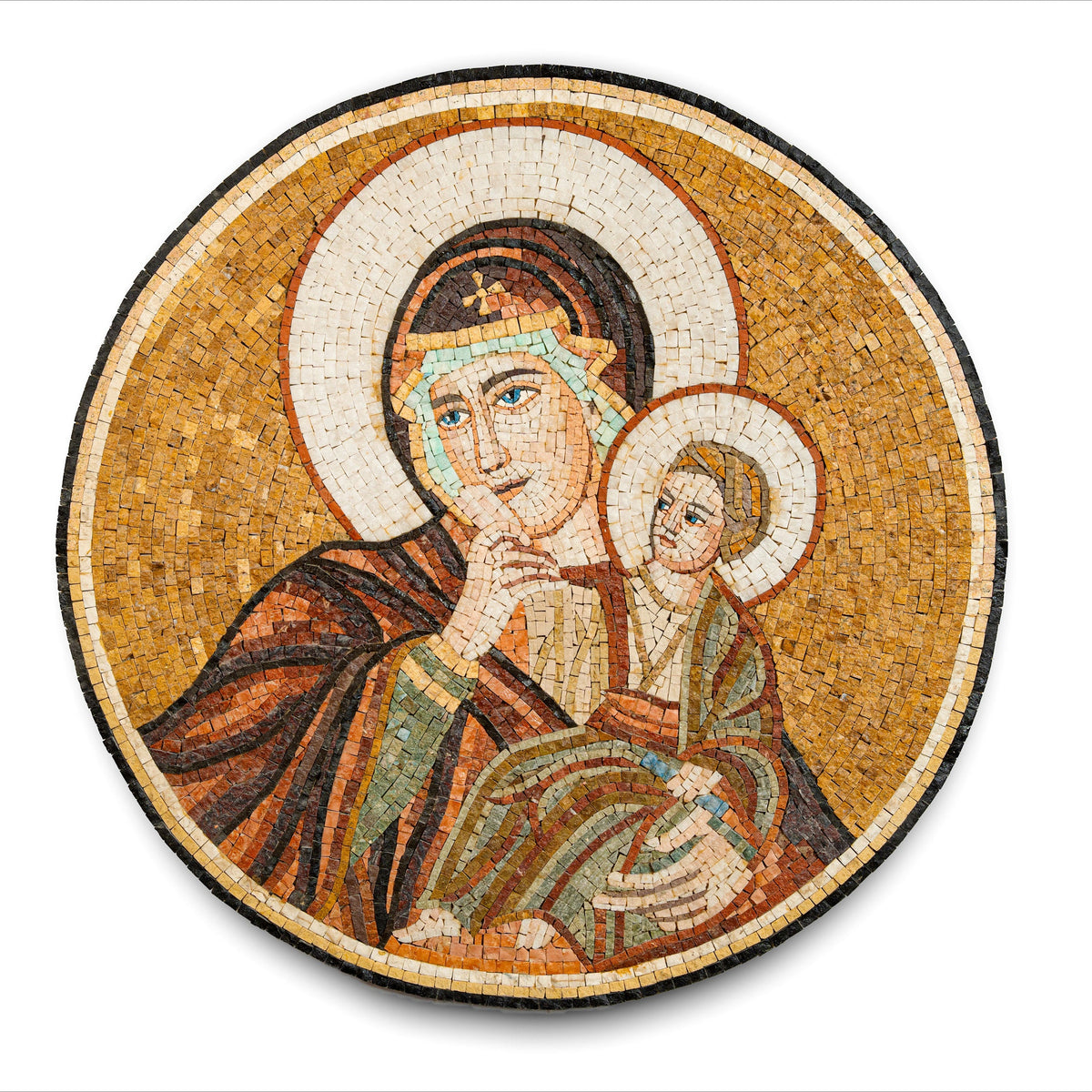 Intricate mosaic artwork depicting a serene mother and child, featuring warm earth tones and detailed craftsmanship.
