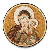 Intricate mosaic artwork depicting a serene mother and child, featuring warm earth tones and detailed craftsmanship.