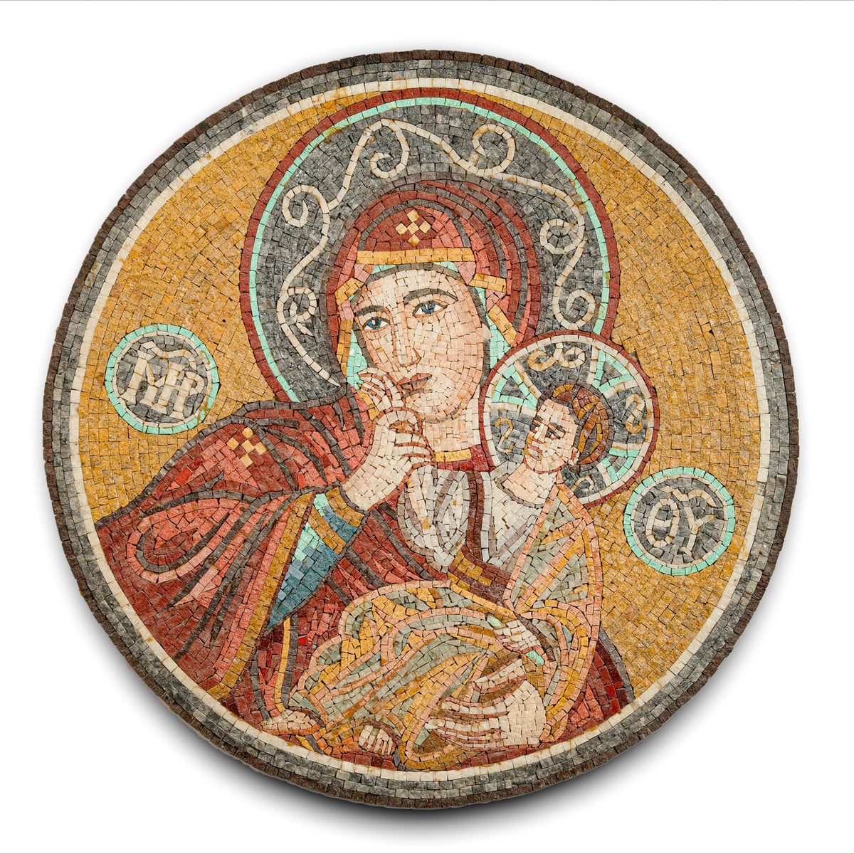 Intricate mosaic art featuring a serene Madonna holding a child, with warm golden tones and detailed craftsmanship.