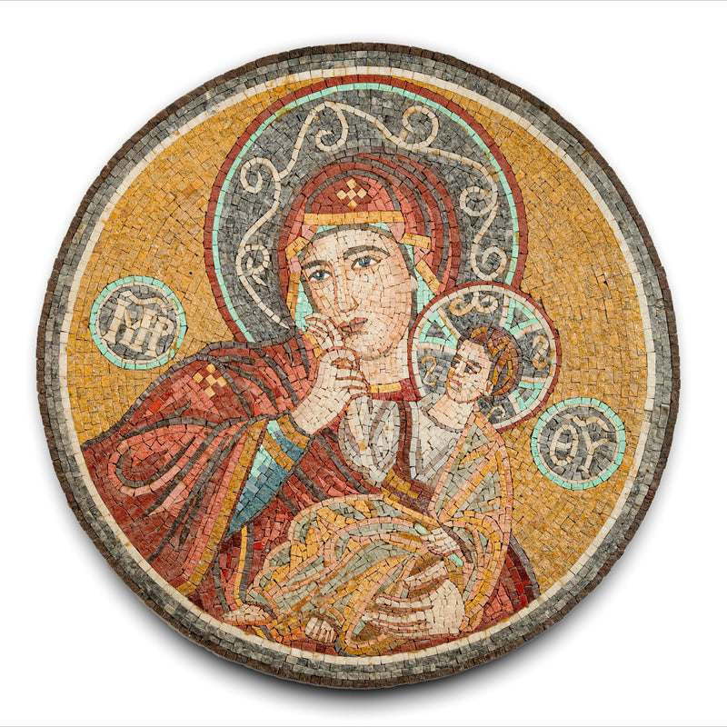 Intricate mosaic art featuring a serene Madonna holding a child, with warm golden tones and detailed craftsmanship.