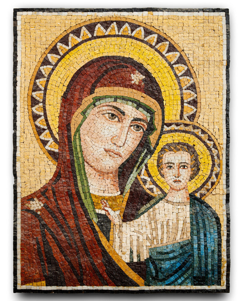 Intricate mosaic artwork depicting a mother and child in vibrant colours — featuring rich reds and golds with detailed facial expressions.