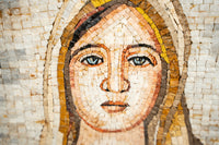 Intricate mosaic artwork featuring a serene face with detailed expressions and warm earthy tones in the background.