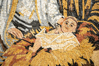 Intricate mosaic art depicting a serene baby resting on a bed of golden straw — showcasing rich textures and warm colors.