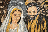 Intricate mosaic artwork depicting a couple with warm tones — featuring detailed stone tiles in earthy shades.