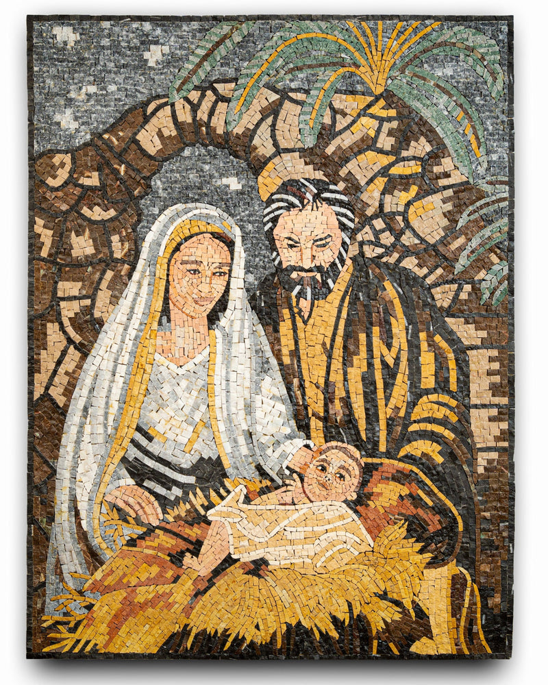 Intricate mosaic artwork depicting a nativity scene with Mary, Joseph, and baby Jesus surrounded by earthy tones and textures.