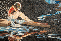 Vibrant mosaic artwork depicting a serene figure seated on a wooden plank — intricate tiles create a textured, colorful scene.
