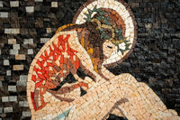 Intricate mosaic artwork depicting a seated figure with a crown of leaves, featuring warm earth tones and detailed textures.