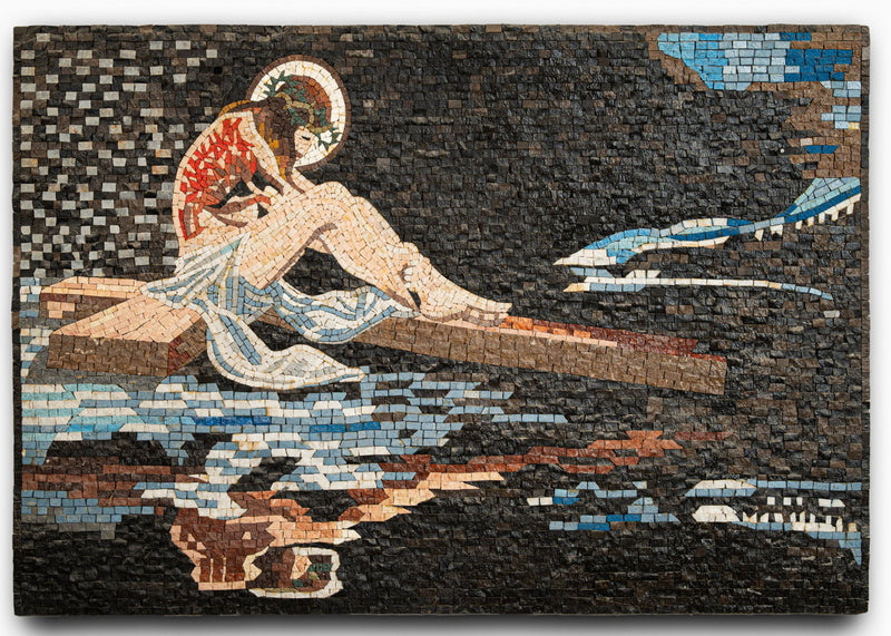Intricate mosaic artwork depicting a serene figure seated on a wooden beam over water — vibrant tiles create a captivating scene.