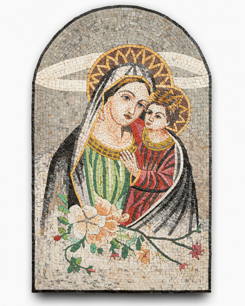 Intricate mosaic artwork depicting a mother and child, featuring vibrant green and red details with floral accents.