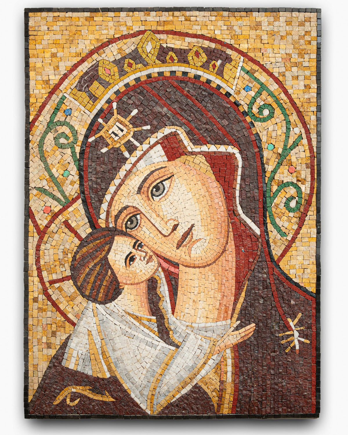 Intricate mosaic art depicting a mother and child, featuring warm earth tones and detailed patterns in a textured finish