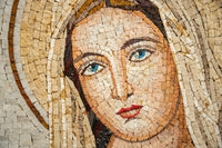 Intricate mosaic artwork featuring a serene female figure with blue eyes and a soft color palette of earthy tones.