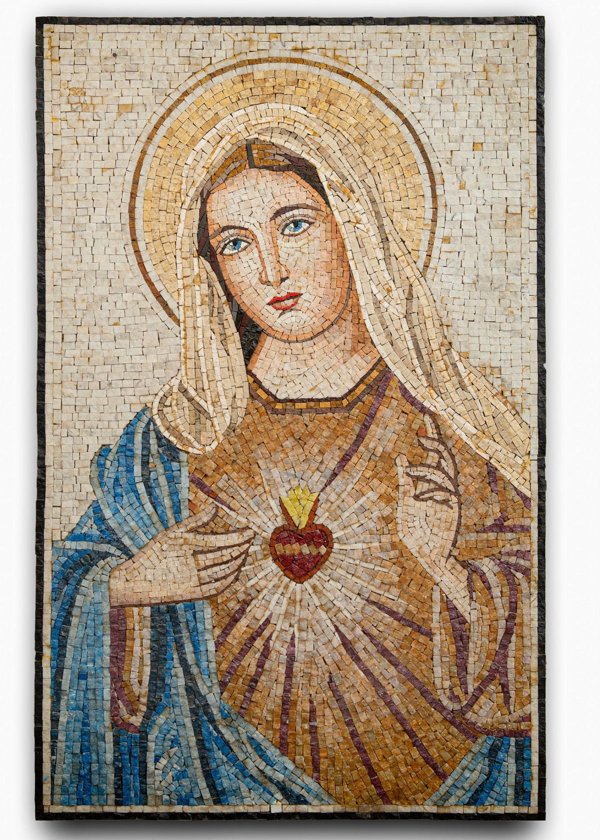 Intricate mosaic artwork depicting a serene figure with a radiant heart, highlighted by warm earthy tones and delicate details.