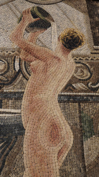 Elegant mosaic artwork depicting a nude figure with golden hair, showcasing intricate tile patterns and soft hues.