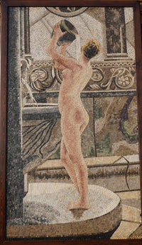 Artistic mosaic depicting a nude figure holding a bowl, showcasing intricate tile work and soft, natural lighting.