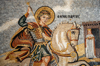 Intricate mosaic depicting Saint George in vibrant colors, adorned in armor and holding a spear beside a white horse.