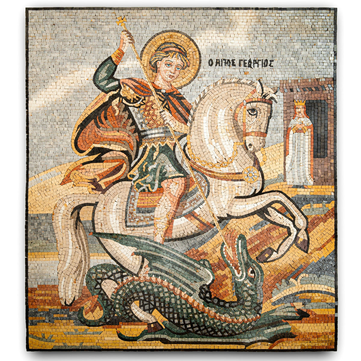 Vivid mosaic artwork depicting Saint George on horseback, triumphantly slaying a dragon with intricate tile details.