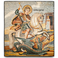 Vivid mosaic artwork depicting Saint George on horseback, triumphantly slaying a dragon with intricate tile details.