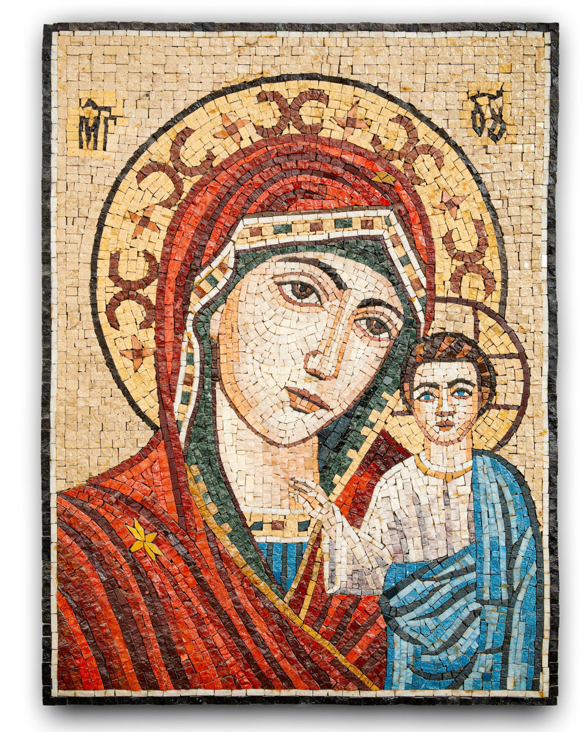 Intricate mosaic artwork depicting a mother and child, featuring vibrant reds and blues with a textured stone finish.