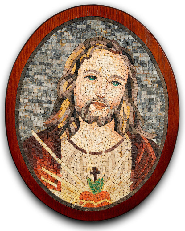 Intricate mosaic artwork depicting Jesus Christ's face with vibrant colors and detailed craftsmanship in a wooden frame