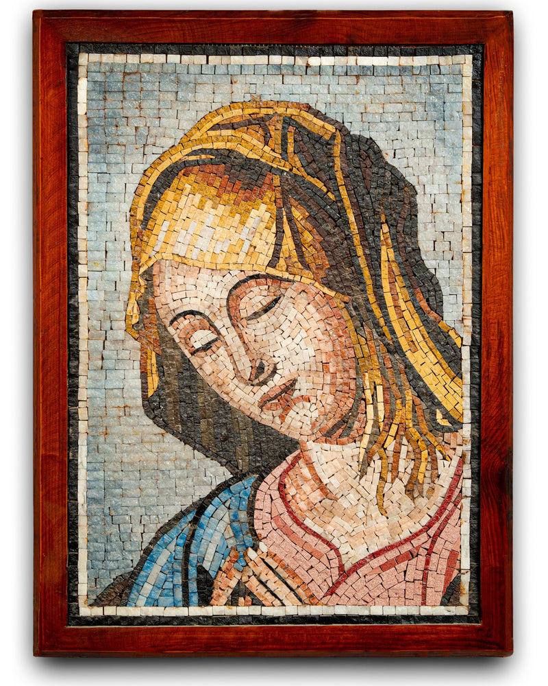Intricate mosaic art piece depicting a serene figure with golden hair and soft pastel tones framed in rustic wood.