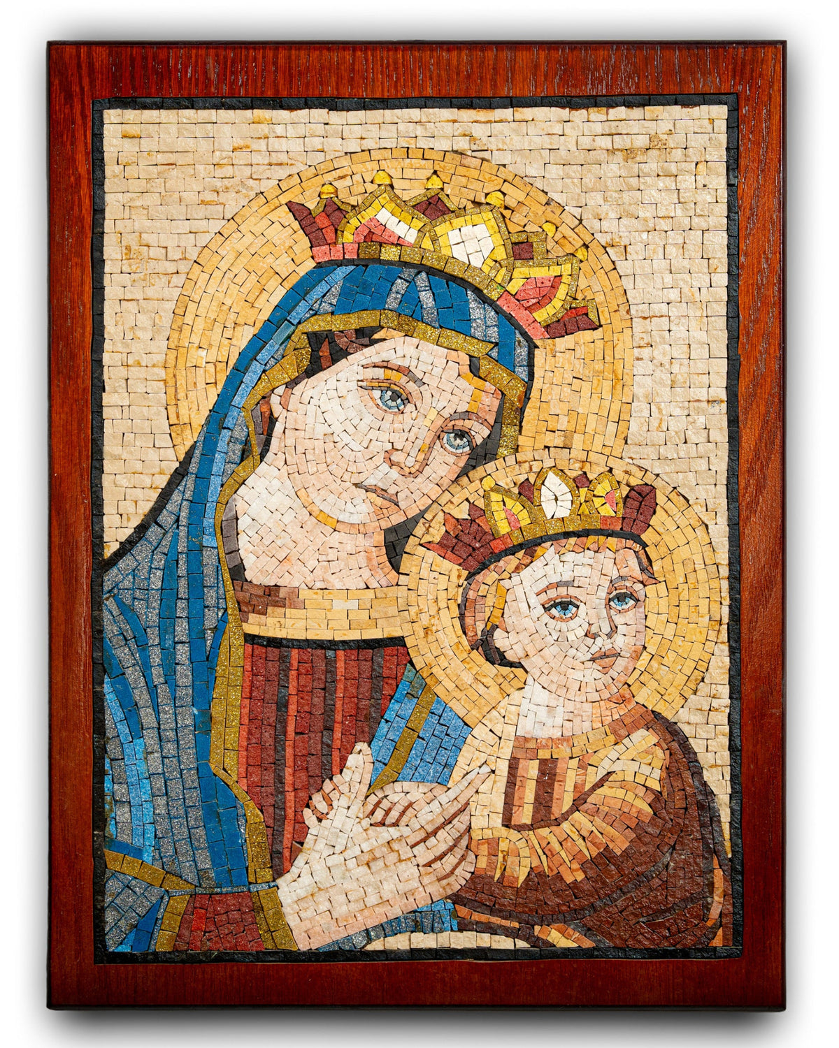Intricate mosaic artwork depicting the Virgin Mary and Child Jesus — vibrant colors with detailed craftsmanship on wood.
