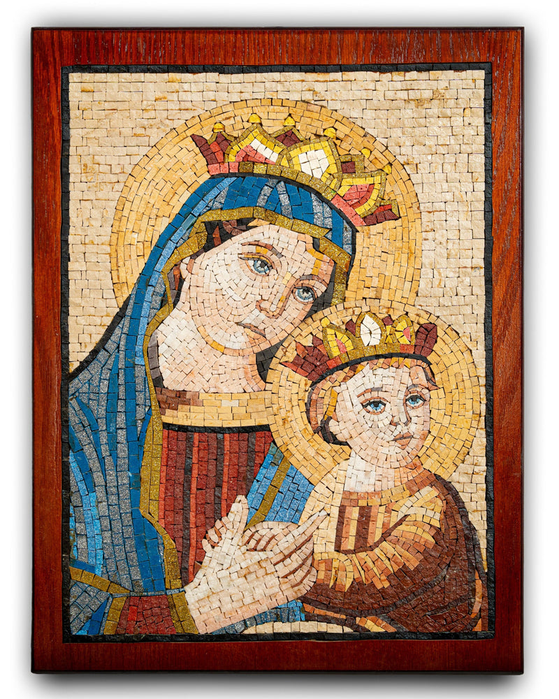 Intricate mosaic artwork depicting the Virgin Mary and Child Jesus — vibrant colors with detailed craftsmanship on wood.