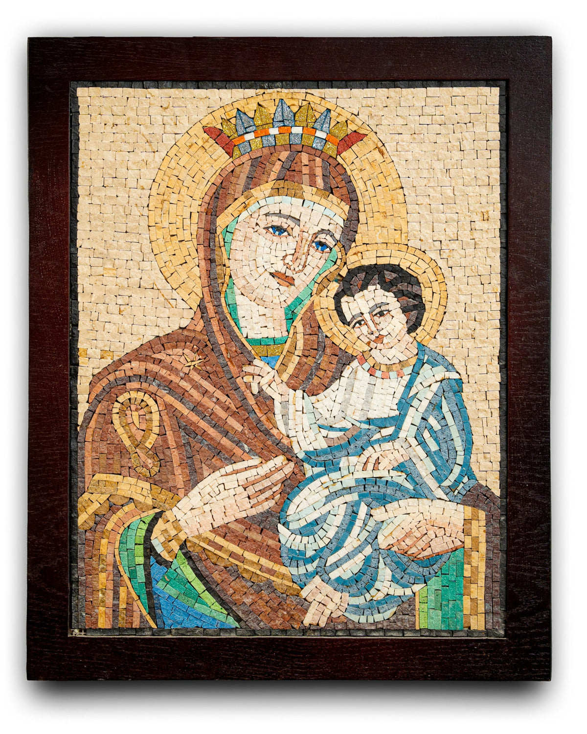 Intricate mosaic artwork featuring a crowned Virgin Mary holding baby Jesus — colorful stone tiles arranged in a detailed design