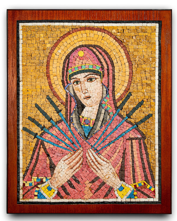 Intricate mosaic artwork depicting a serene figure in vibrant hues — crafted with detailed stone pieces on a wooden frame.