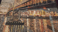 Intricate mosaic artwork depicting a city skyline under a bridge — vibrant colors and textures create a stunning visual effect
