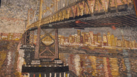 Intricate mosaic artwork depicting a bridge over water, showcasing vibrant colors and textured tiles that reflect city lights.