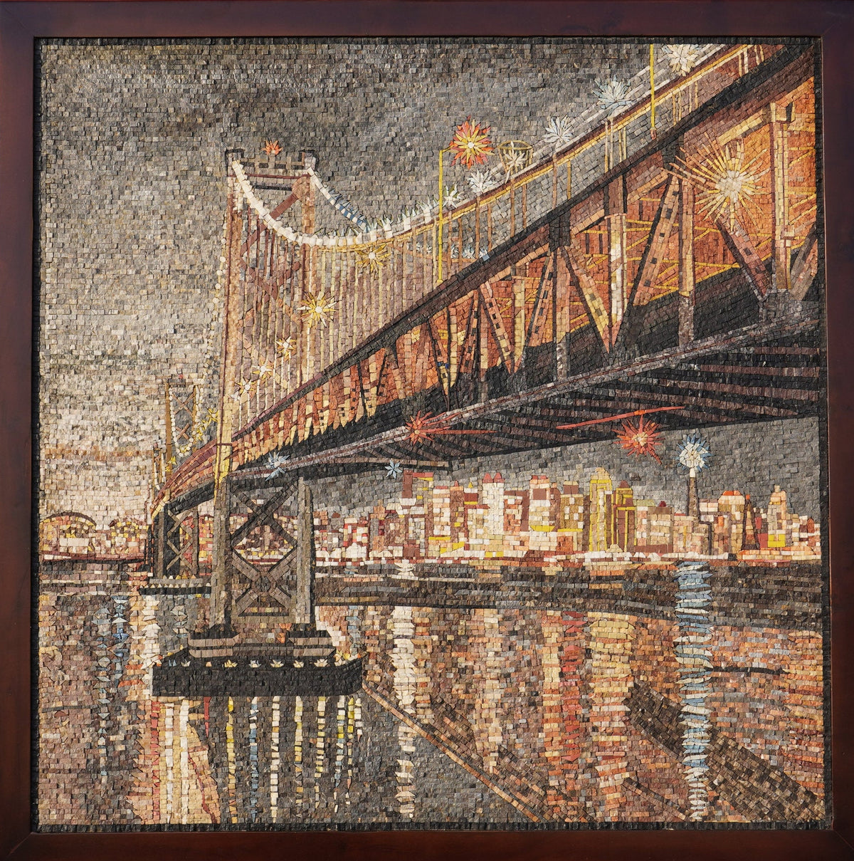 Intricate jigsaw puzzle depicting a city skyline under a bridge at night — featuring vibrant lights reflecting on water.