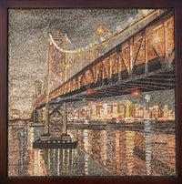 Intricate jigsaw puzzle depicting a city skyline under a bridge at night — featuring vibrant lights reflecting on water.