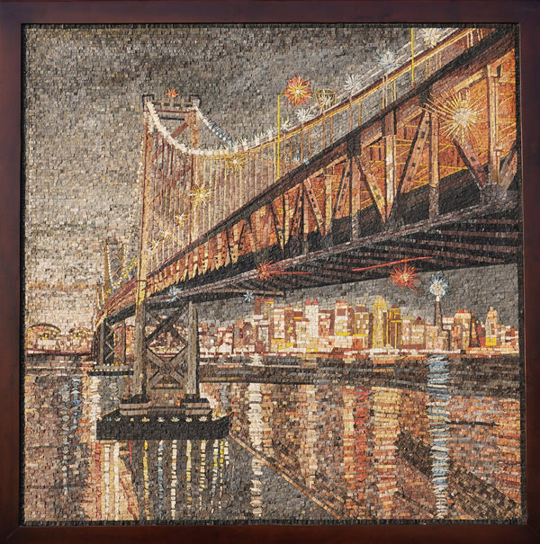 Intricate jigsaw puzzle depicting a city skyline under a bridge at night — featuring vibrant lights reflecting on water.