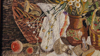 Intricate mosaic artwork featuring a woven basket and ceramic pot adorned with floral motifs — earthy tones create a textured composition.