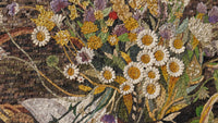 Intricate floral mosaic artwork featuring vibrant daisies and colorful wildflowers set against a textured stone background